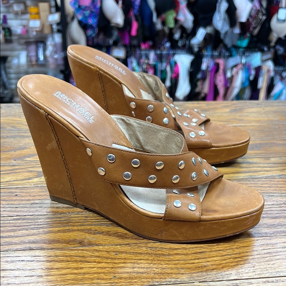 MICHAEL KORS | cognac studded leather wedge slip-on sandals heels/shoes